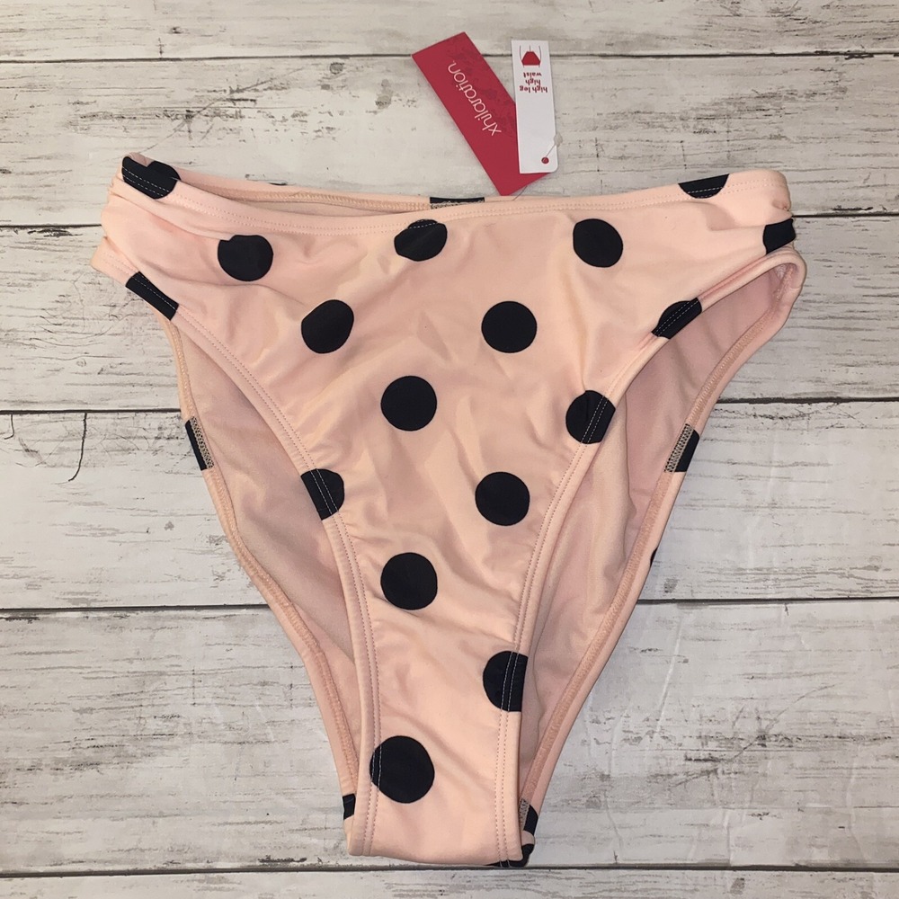 Xhilaration Bikini Bottom Womens Medium Pink Black Polka Dot High Waist Leg Swim